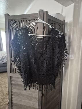 May & July Black Crochet Fringe Women’s Top